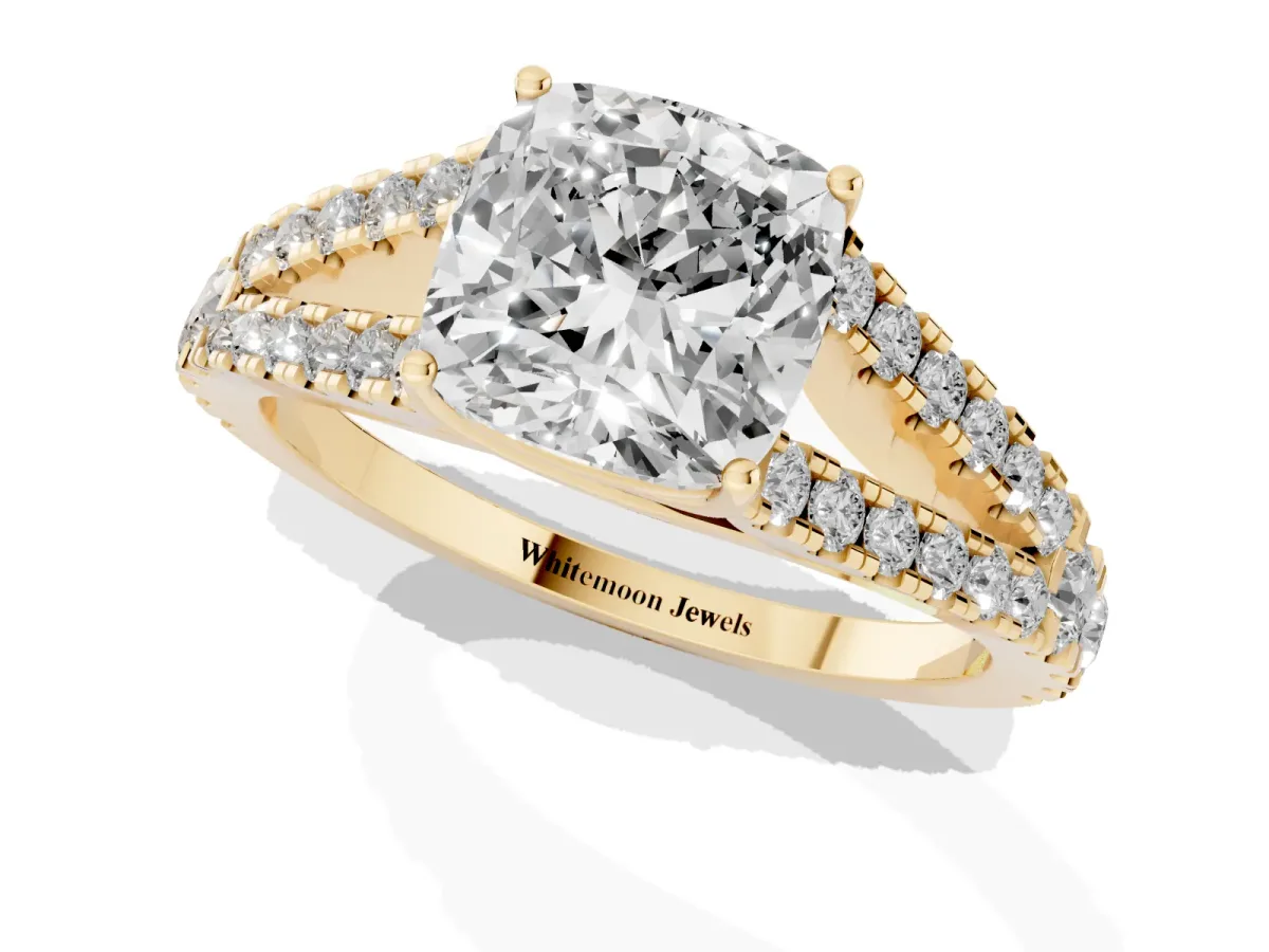 Cushion Cut Diamond Split Shank Pavé Engagement Ring with Four-Prong Setting Yellow gold