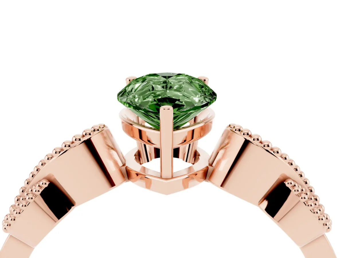 Fancy Green Pear Cut Solitaire Milgrain Leaf Band with Prong Setting Rose gold