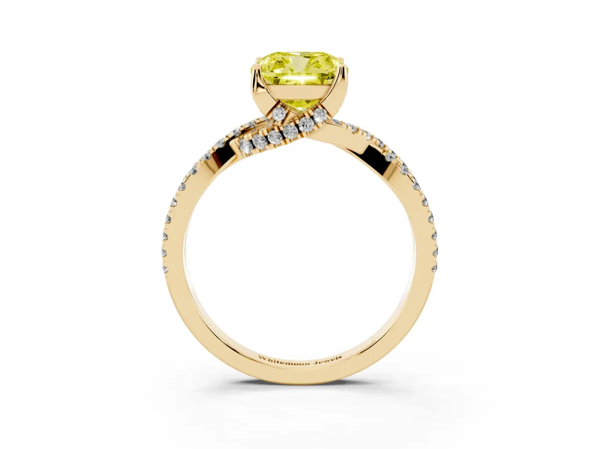 Fancy Yellow Cushion Cut Solitaire Twist Pave Diamond Engagement Ring with Prong Setting Yellow gold