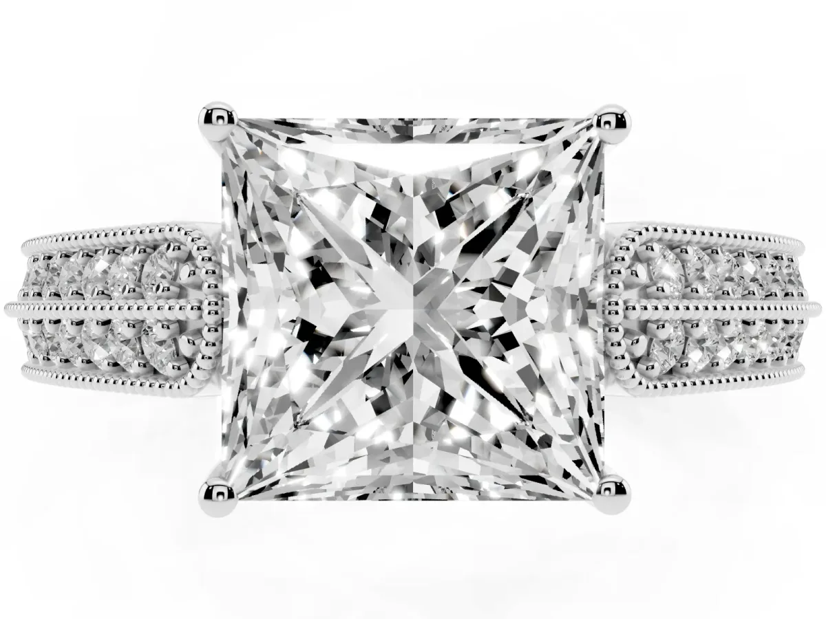 Princess Cut Cut Pave Split Shank Engagement Ring with Four-Prong Setting Platinum
