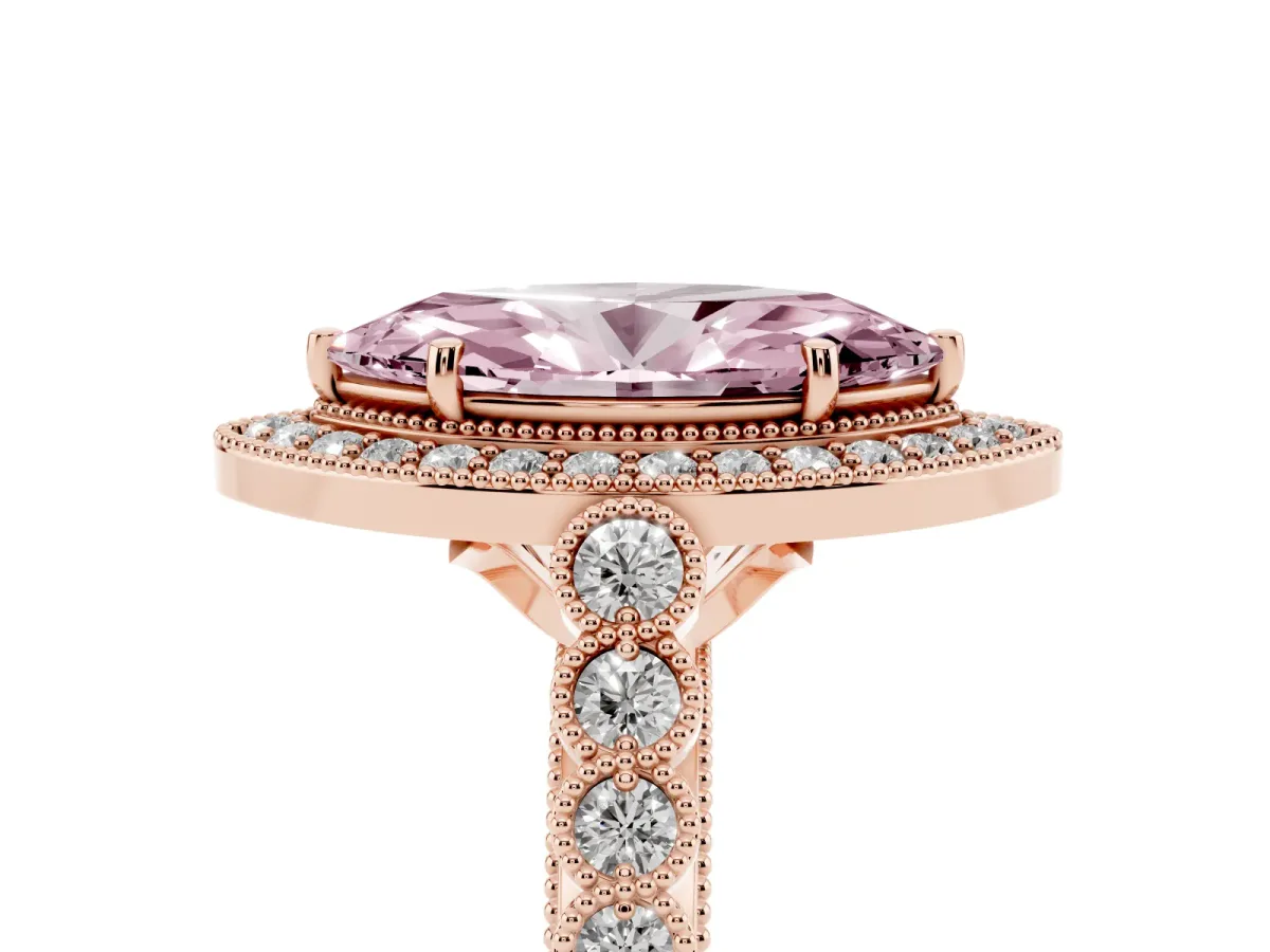 Fancy Pink Marquise Cut Halo Milgrain Solitaire with Bezel Set Side Stones and Pave Band Rose gold
