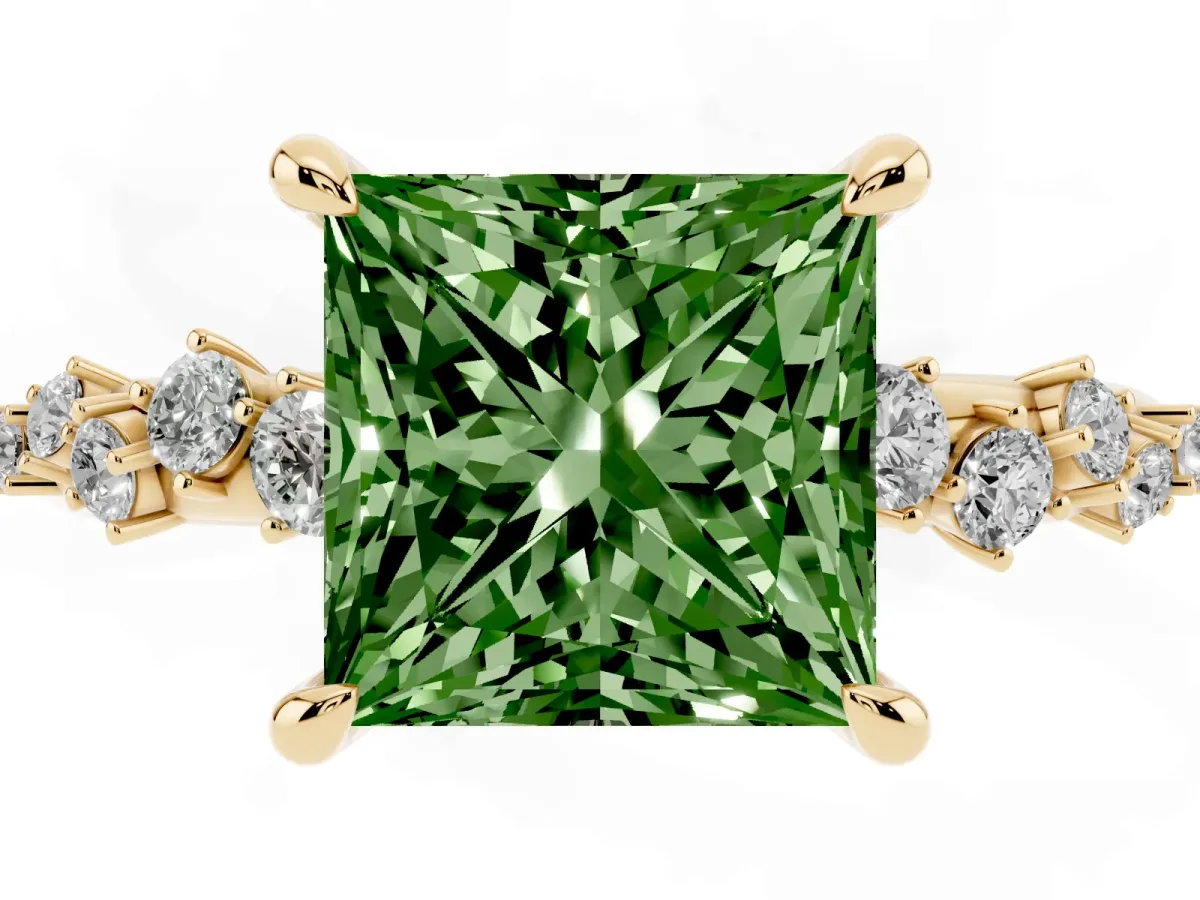 Fancy Green Princess Cut Cut Diamond Vine Band with Four-Prong Setting Yellow gold