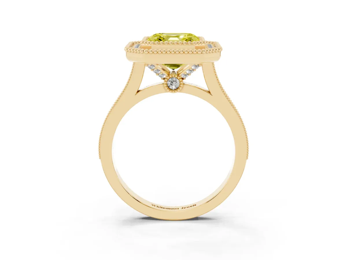 Fancy Yellow Asscher Cut Diamond Halo Ring with Milgrain Frame and Pavé Band Yellow gold