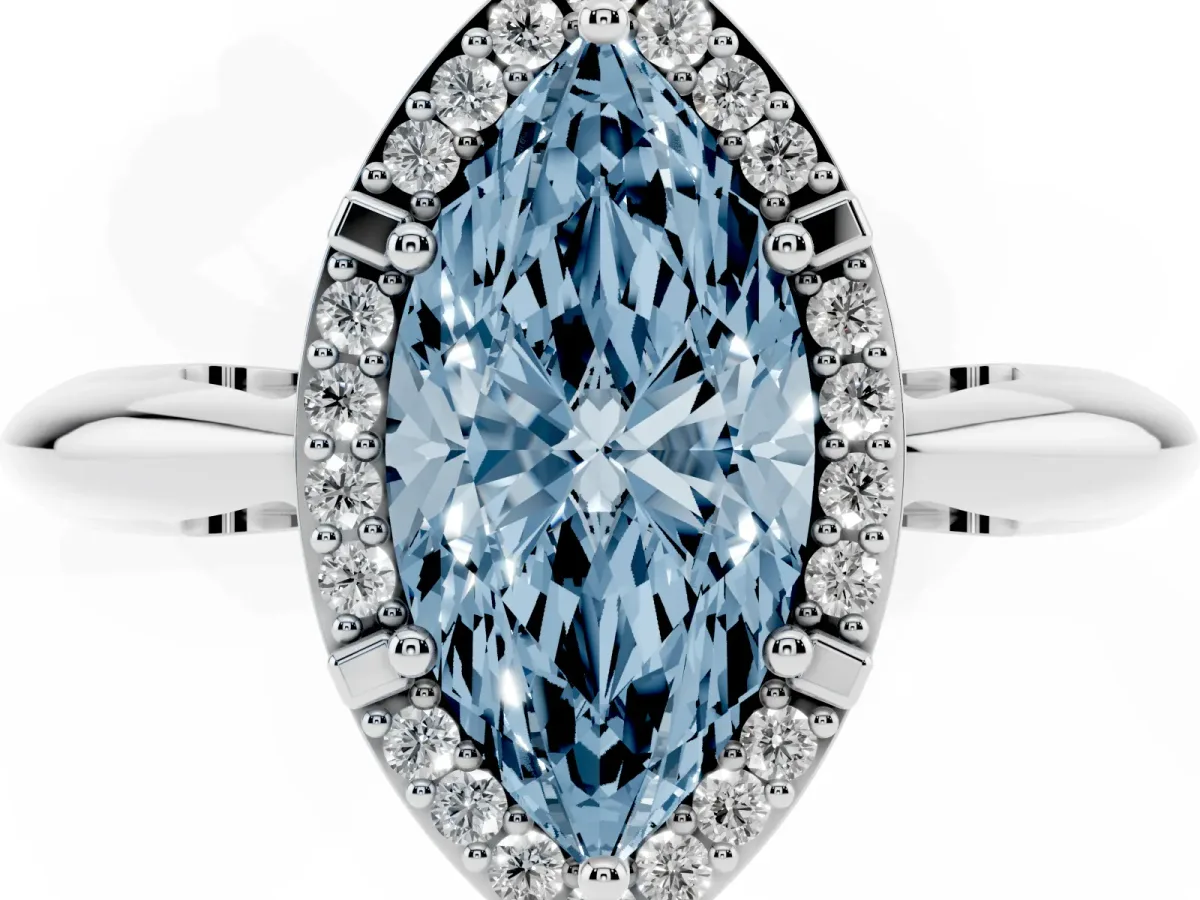 Fancy Blue Marquise Cut Cut Diamond Halo Engagement Ring with Split Shank and Four-Prong Setting Silver