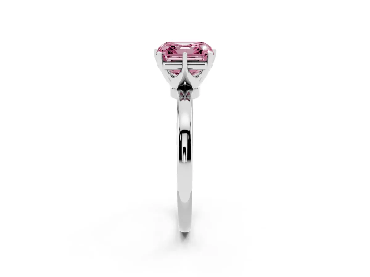 Fancy Pink Asscher Cut Solitaire Diamond Ring with Six-Prong Setting on a Classic Band Silver