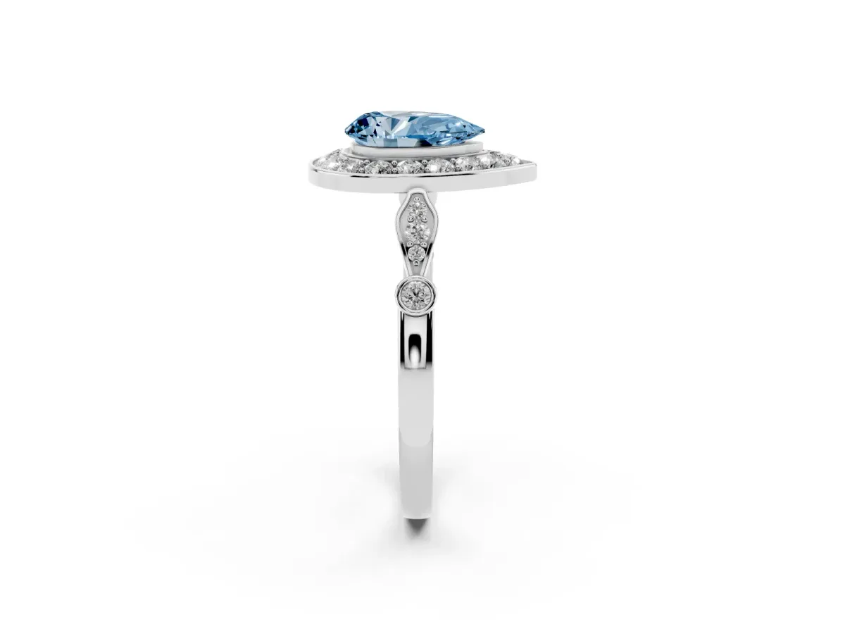 Fancy Blue Pear Cut Halo Diamond Engagement Ring with Twisted Band and Four-Prong Setting White gold