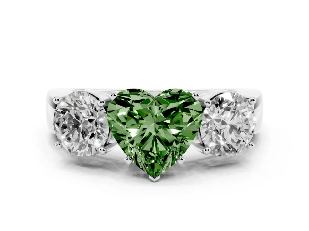 Fancy Green Three-Stone Heart Cut Diamond Ring with Round Side Stones, Classic Band, and Four-Prong Setting White gold