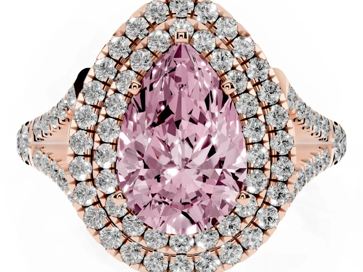 Fancy Pink Double Halo Pear Cut Diamond Split Shank Engagement Ring with Four-Prong Setting Rose gold