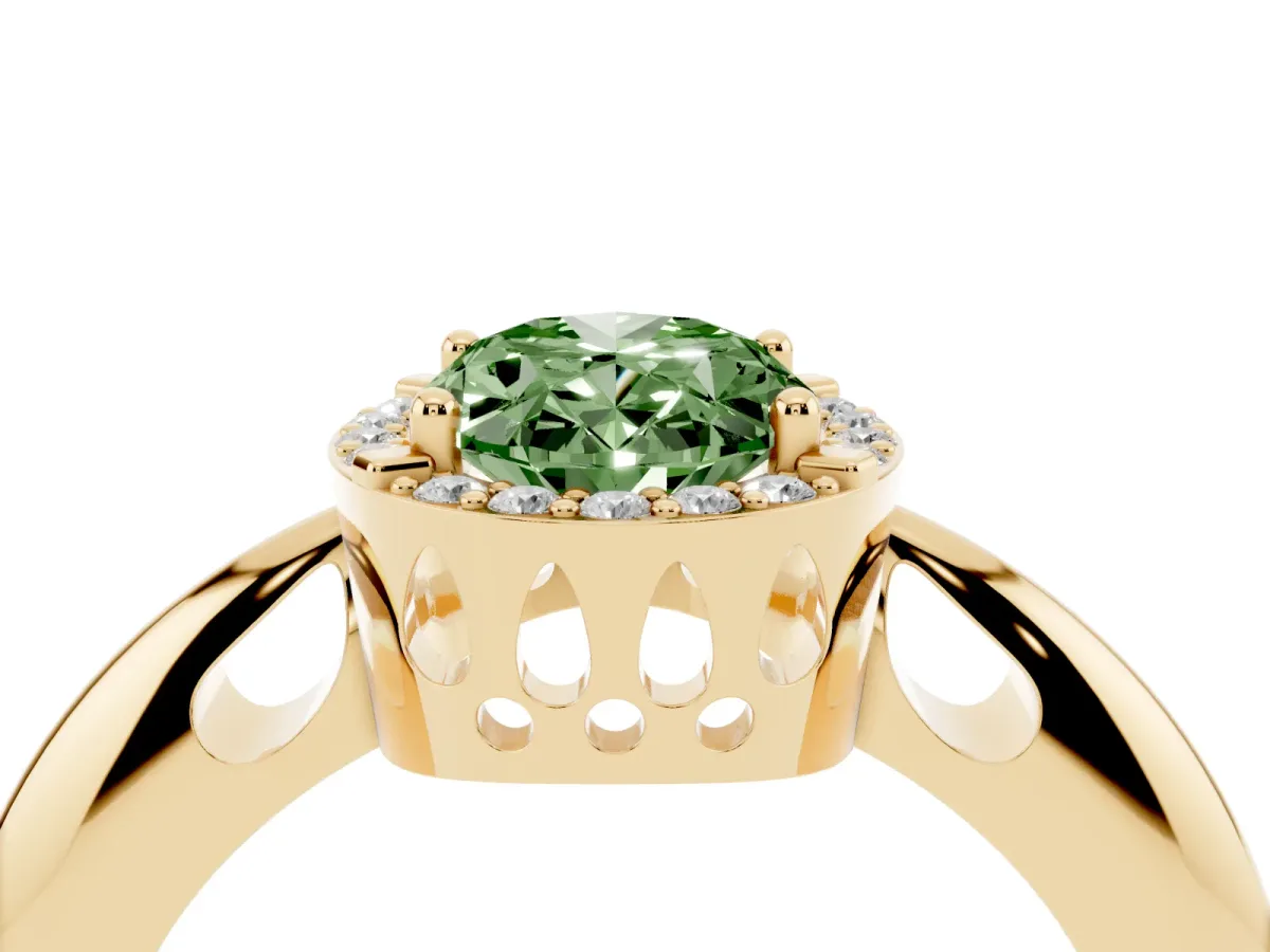Fancy Green Oval Cut Cut Diamond Halo Engagement Ring with Split Shank and Four-Prong Setting Yellow gold