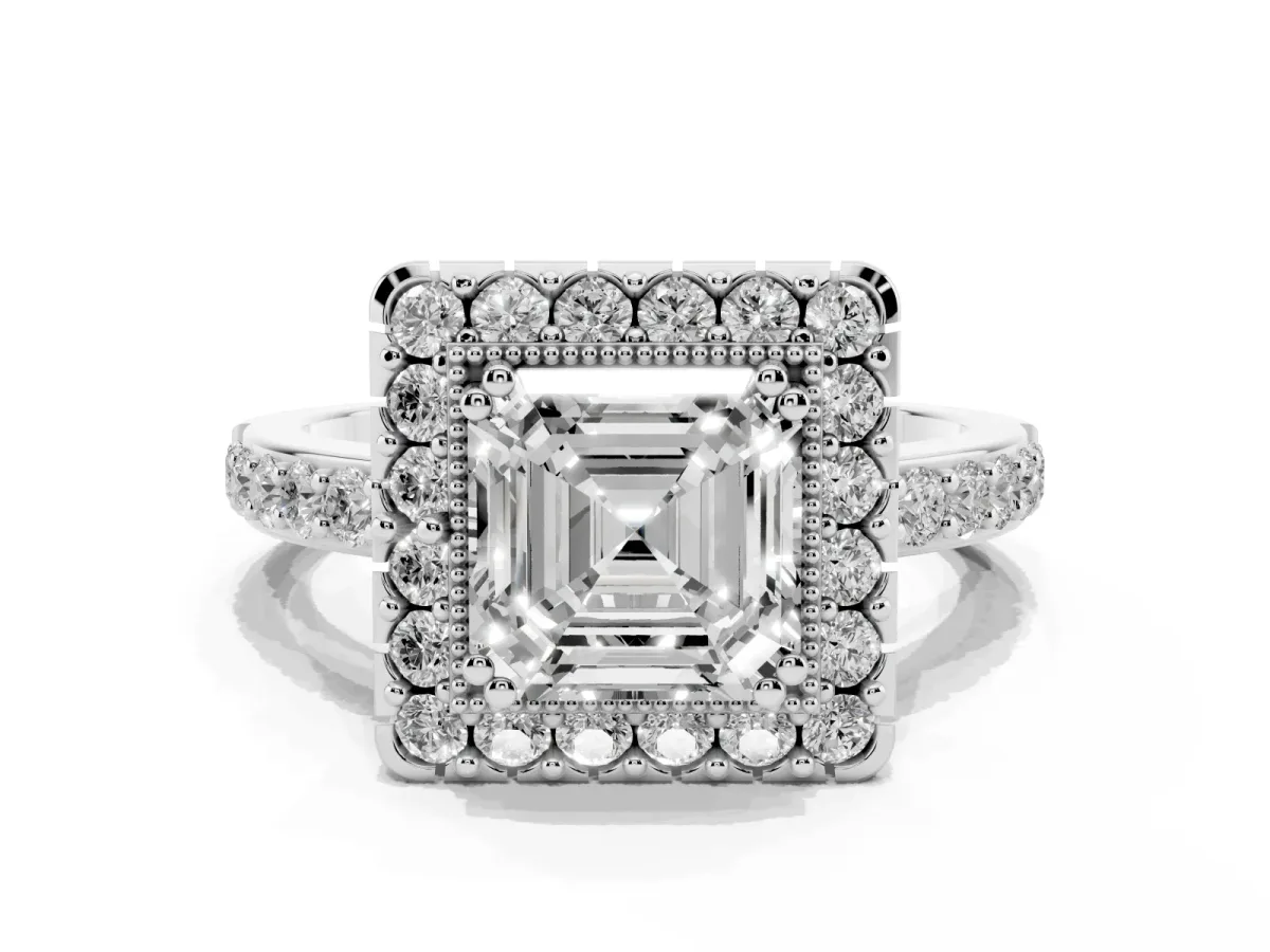 Asscher Cut Diamond Halo Ring with Pavé Band and Prong Setting Silver