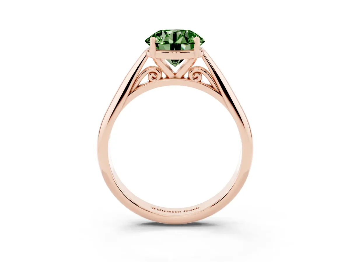 Fancy Green Round Cut Diamond Solitaire Engagement Ring with Cathedral Setting and Four-Prong Mount Rose gold