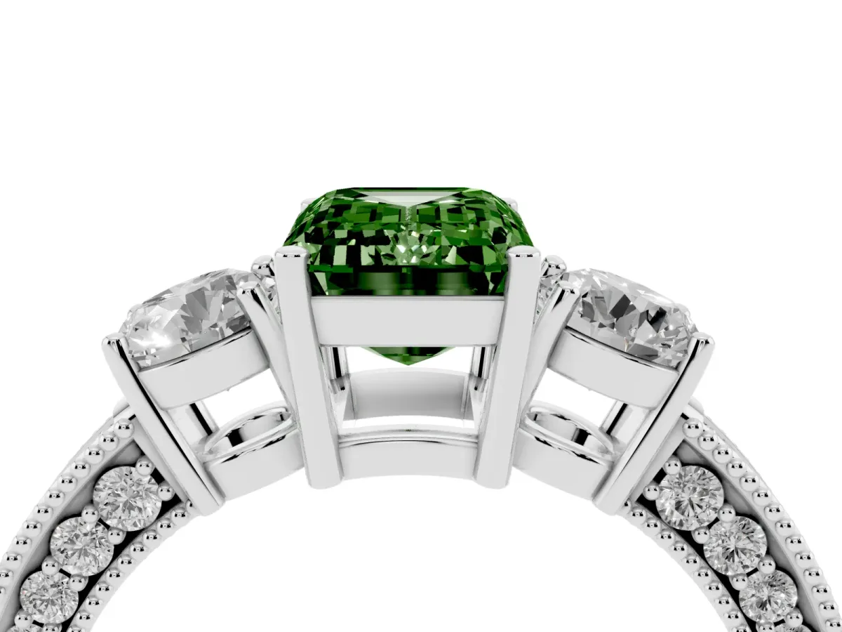 Fancy Green Emerald Cut Three-Stone Diamond Ring with Pavé Band and Four-Prong Setting Silver