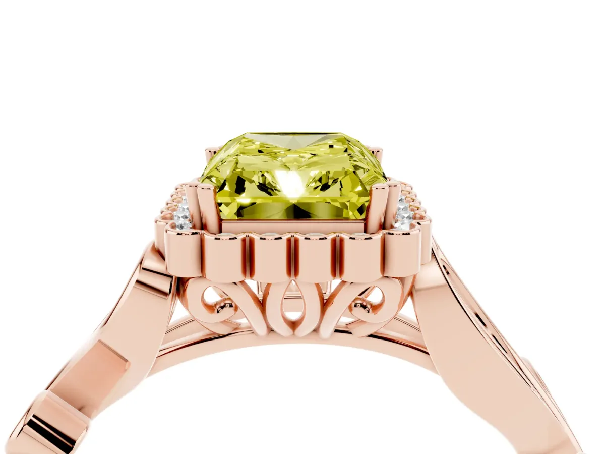 Fancy Yellow Radiant Cut Diamond Halo Ring with Vintage Split Shank and Four-Prong Setting Rose gold