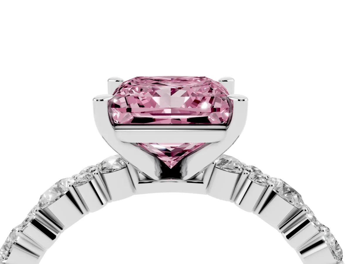 Fancy Pink Princess Cut Diamond Side Stone Solitaire Ring with Round and Four-Prong Setting Silver