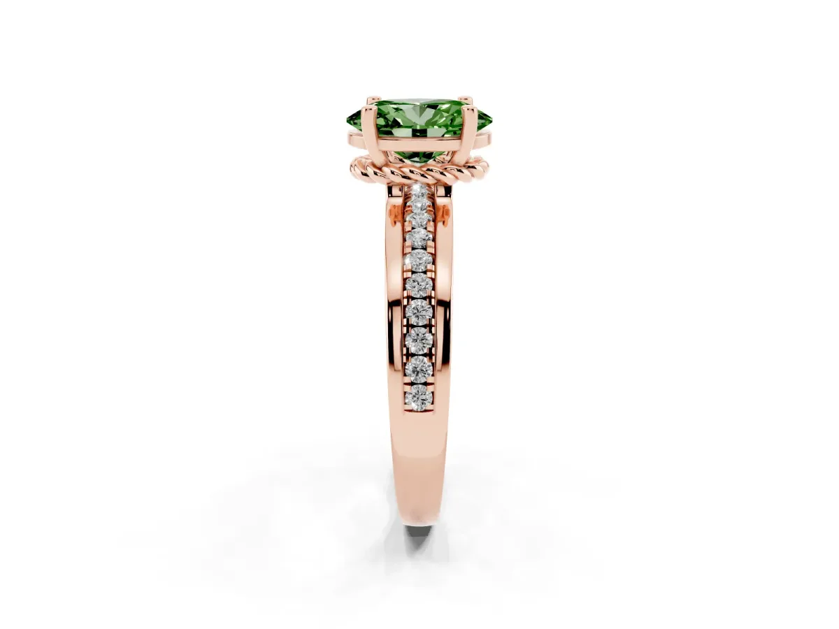 Fancy Green Oval Cut Solitaire Diamond Ring with Channel Set Band and Six-Prong Setting Rose gold