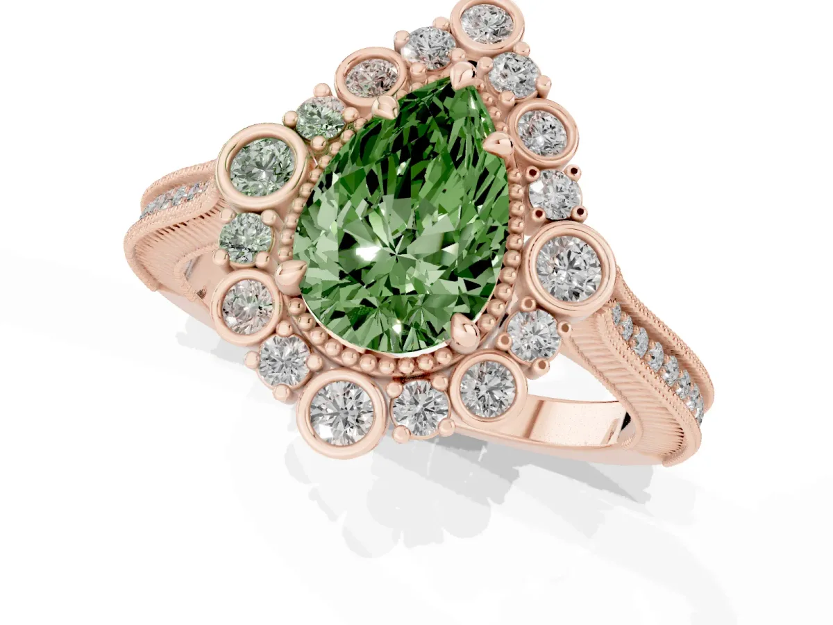Fancy Green Pear Cut Halo Milgrain Pave Diamond Ring with Four-Prong Setting Rose gold