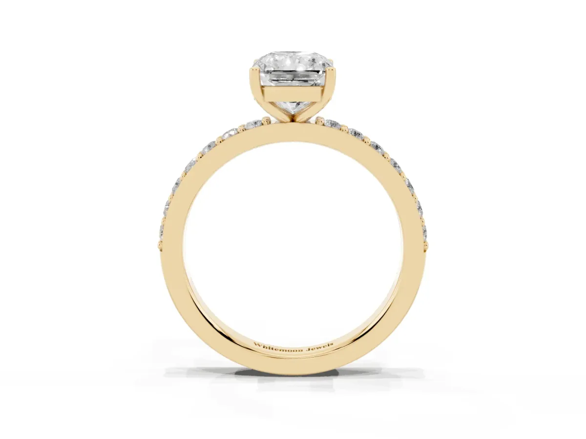 Radiant Cut Cut Diamond Solitaire with Pave Band and Four-Prong Setting Yellow gold