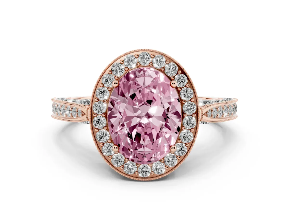 Fancy Pink Oval Cut Halo Diamond Engagement Ring with Split Shank Band and Four-Prong Setting Rose gold