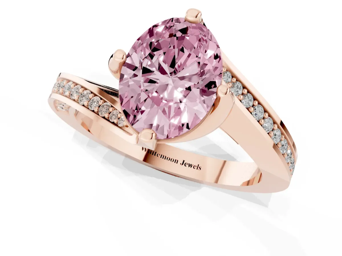 Fancy Pink Oval Cut Solitaire Diamond Twist Band with Pavé Setting and Four-Prong Setting Rose gold