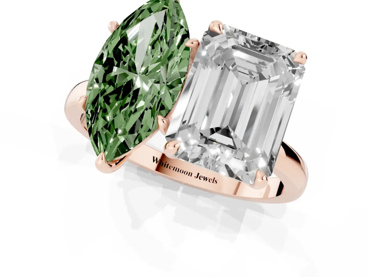 Fancy Green Marquise Cut and Emerald Cut Toi Moi Ring with Prong Setting Rose gold
