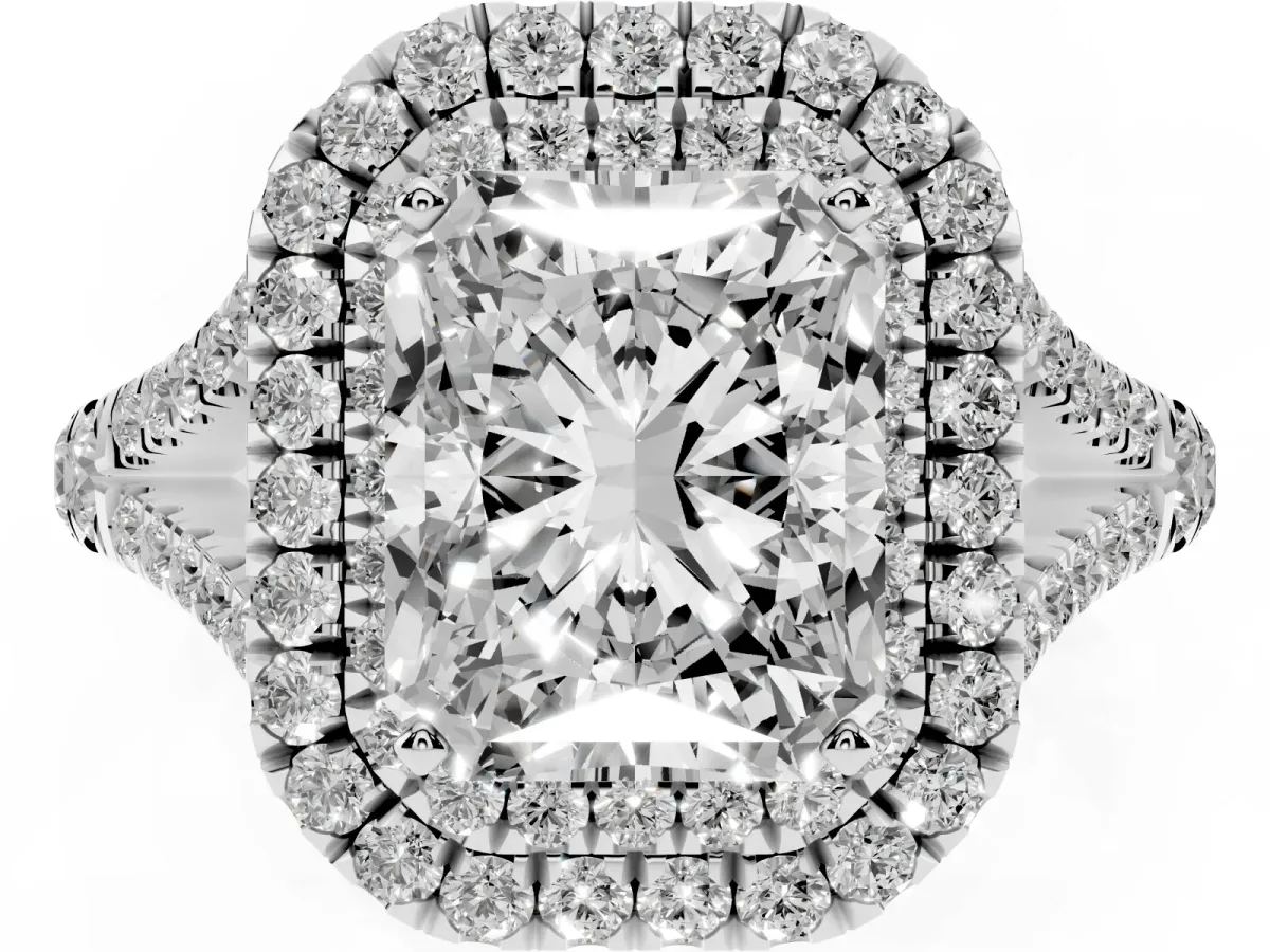 Radiant Cut Diamond Pavé Split Shank Double Halo Engagement Ring Silver