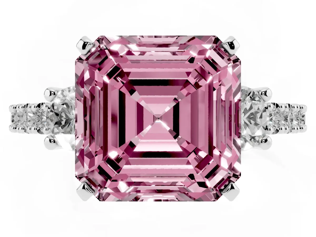 Fancy Pink Asscher Cut Three-Stone Diamond Pavé Band with Prong Setting Silver