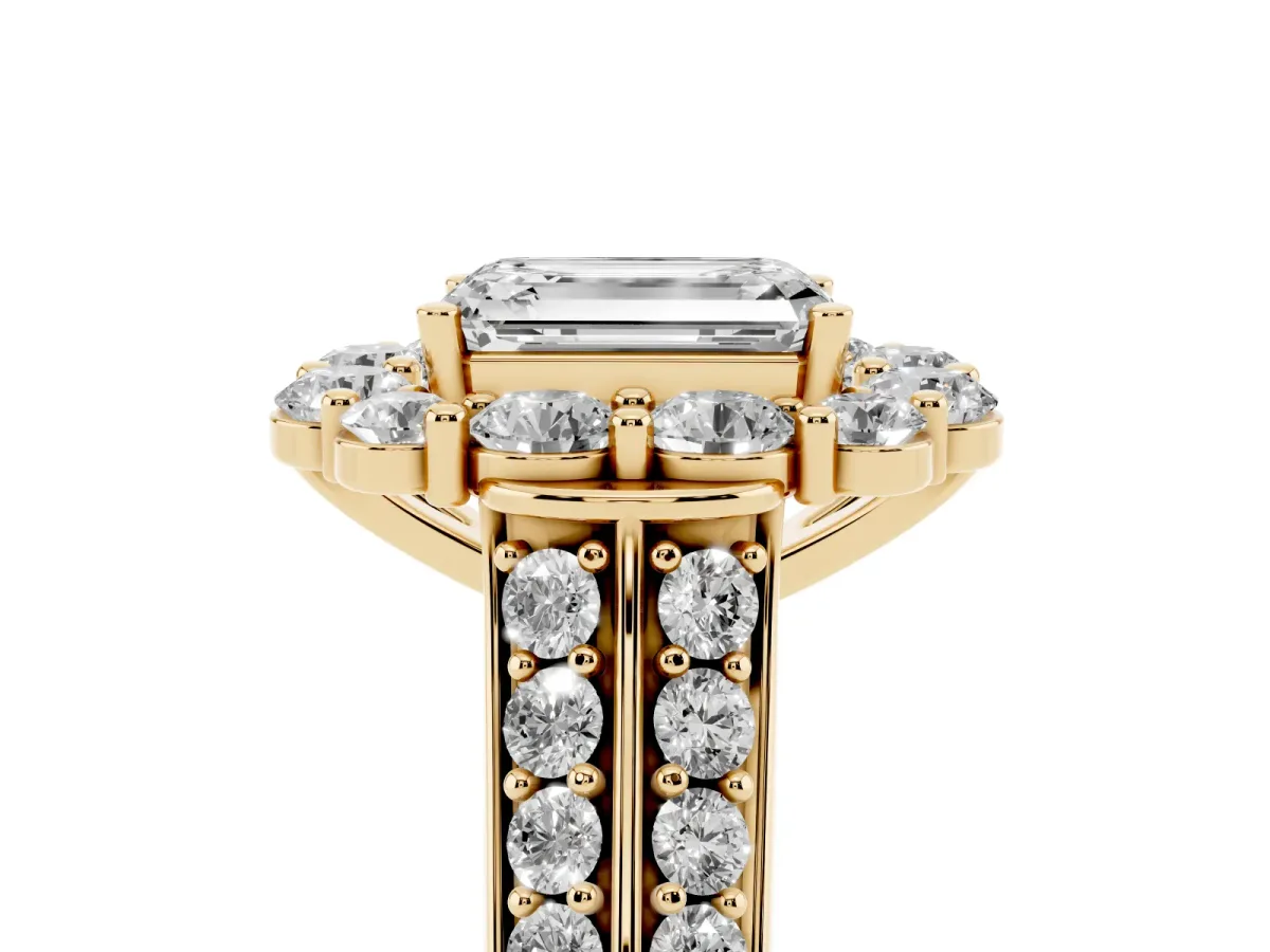 Emerald Cut Halo Diamond Engagement Ring with Split Shank and Prong Setting Yellow gold