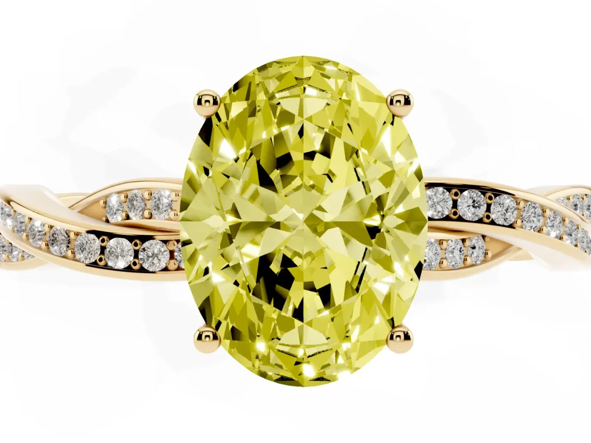 Fancy Yellow Oval Cut Solitaire Twisted Pave Diamond Ring with Four-Prong Setting Yellow gold