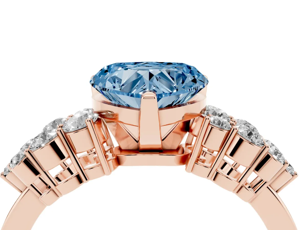 Fancy Blue Heart Cut Cluster Diamond Engagement Ring with Pavé Band and Four-Prong Setting Rose gold
