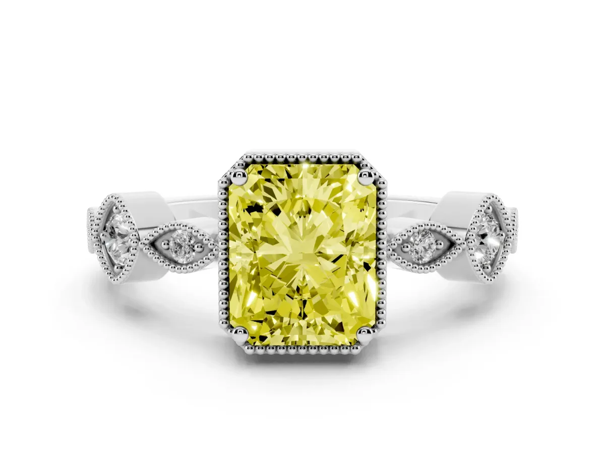 Fancy Yellow Radiant Cut Diamond Vintage Milgrain Ring with Round Stations Silver