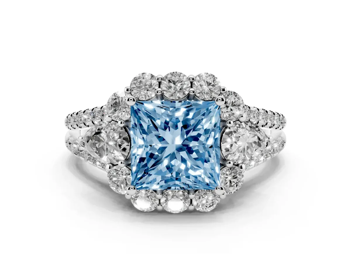 Fancy Blue Princess Cut Halo Split Shank Diamond Engagement Ring with Prong Setting Silver