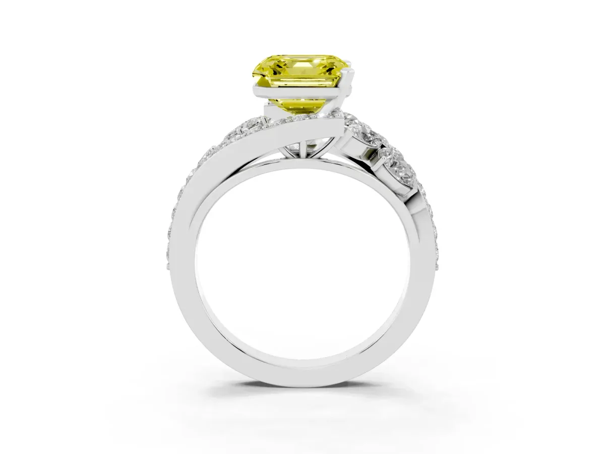 Fancy Yellow Asscher Cut Diamond Halo Ring with Marquise and Pavé Band in Prong Setting Platinum