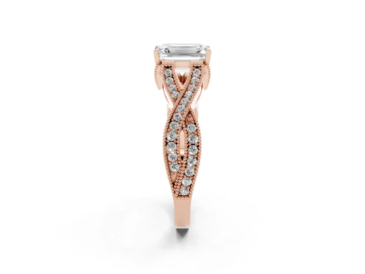 Emerald Cut Cut Diamond Twisted Band with Milgrain Pave Setting and Four-Prong Setting Rose gold