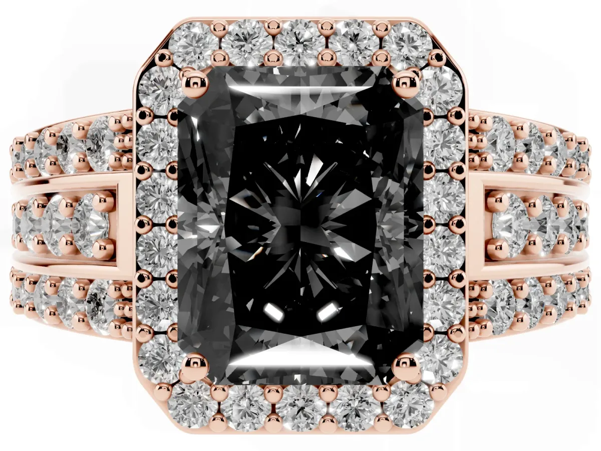 Fancy Black Radiant Cut Halo Diamond Ring with Round Split Shank and Prong Setting Rose gold
