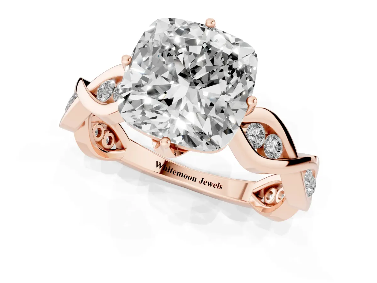 Cushion Cut Solitaire Twist Band with Leaf Prong Setting Rose gold
