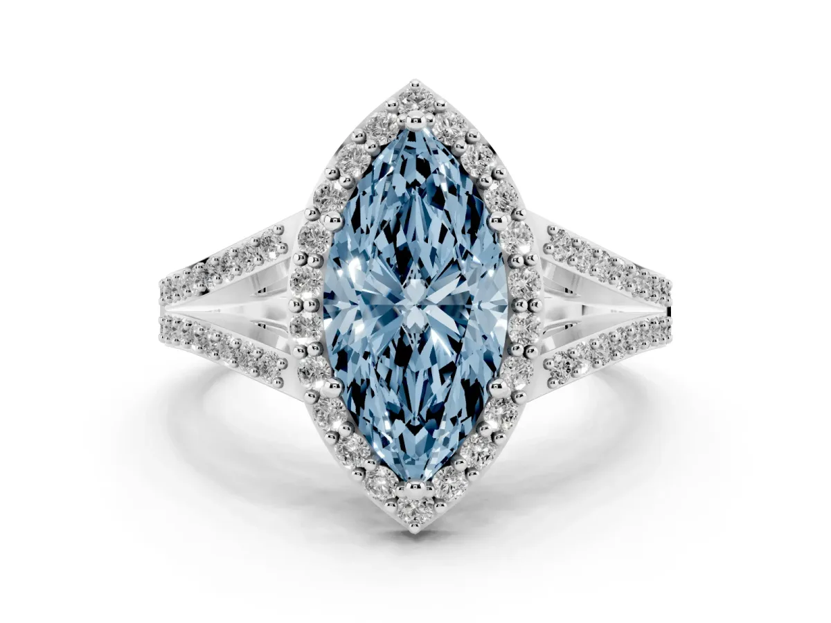Fancy Blue Marquise Cut Halo Split Shank Diamond Ring with Prong Setting Silver