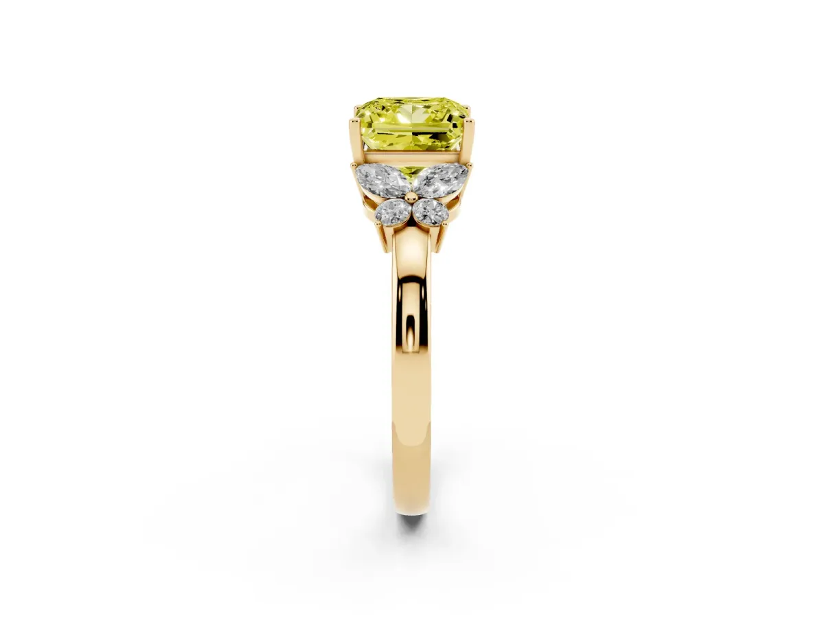 Fancy Yellow Princess Cut Cut Solitaire Floral Diamond Ring with Four-Prong Setting Yellow gold