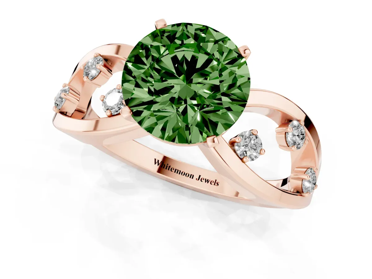 Fancy Green Round Cut Cut Solitaire Diamond with Side Stones on Criss-Cross Band and Four-Prong Setting Rose gold