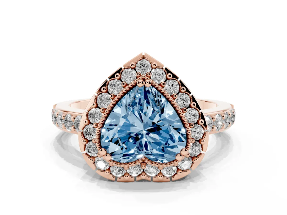 Fancy Blue Heart Cut Diamond Halo Ring with Pavé Band and Prong Setting Rose gold