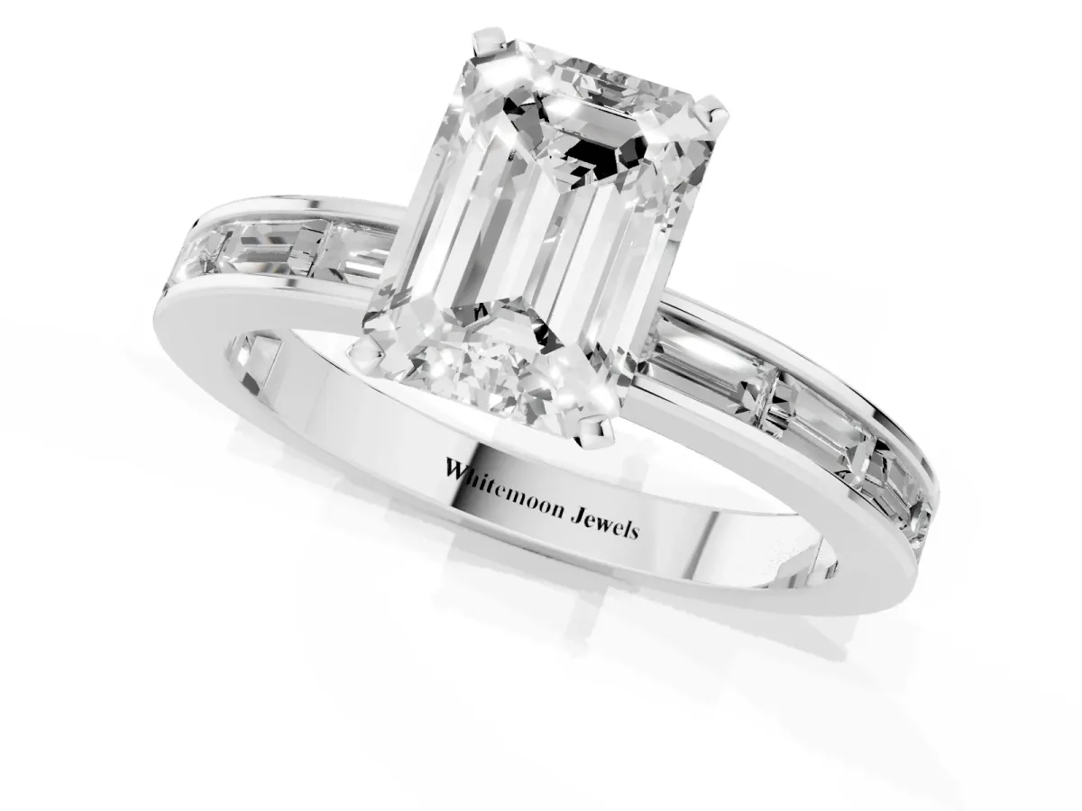 Emerald Cut Solitaire Diamond Ring with Channel-Set Baguette Band and Four-Prong Setting Silver