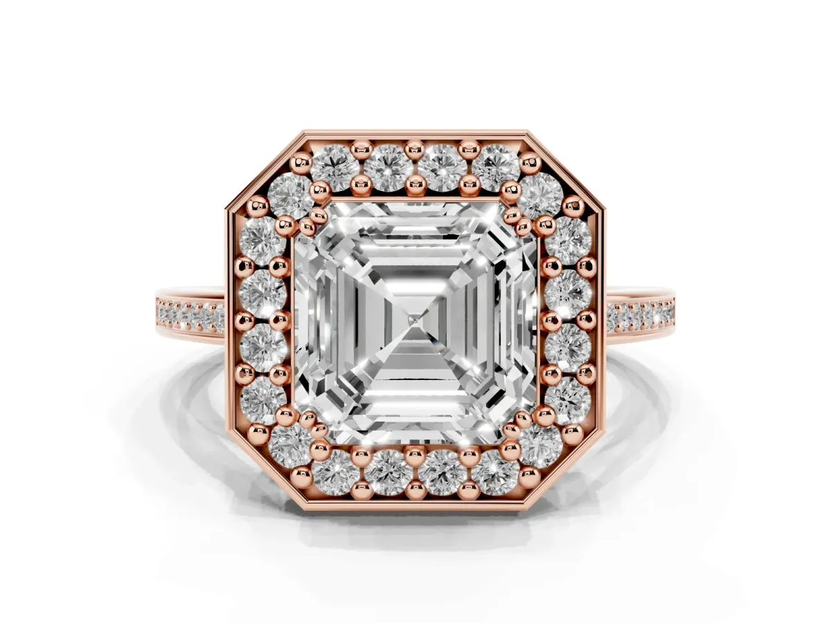 Asscher Cut Diamond Halo Ring with Split Shank and Four-Prong Setting Rose gold