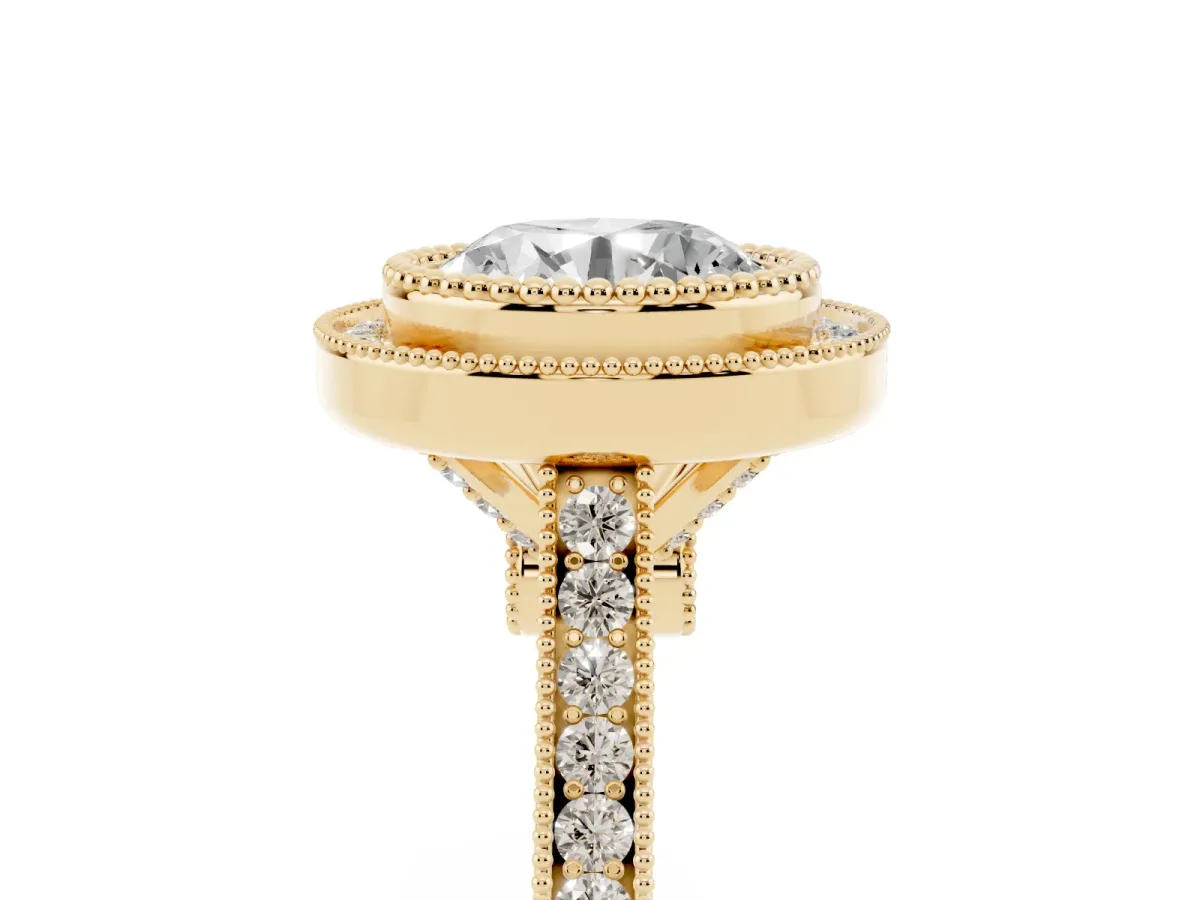 Round Cut Diamond Halo Ring with Milgrain Frame and Pavé Band Yellow gold