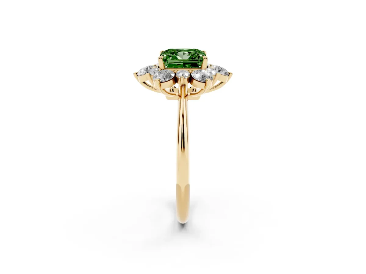 Fancy Green Princess Cut Diamond Cluster Halo Ring with Solitaire Band and Four-Prong Setting Yellow gold