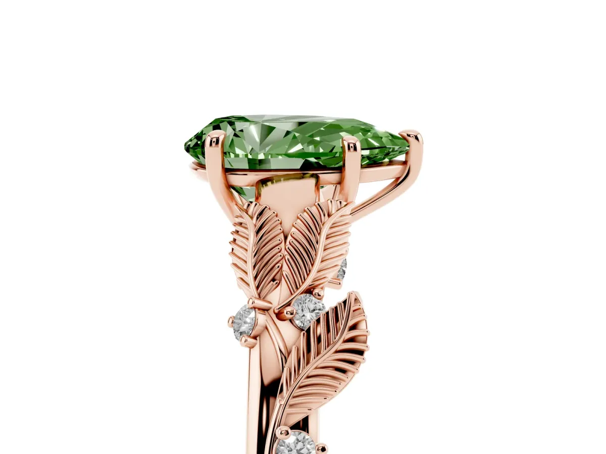 Fancy Green Pear Cut Diamond Solitaire Ring with Leaf Motif Band and Four-Prong Setting Rose gold