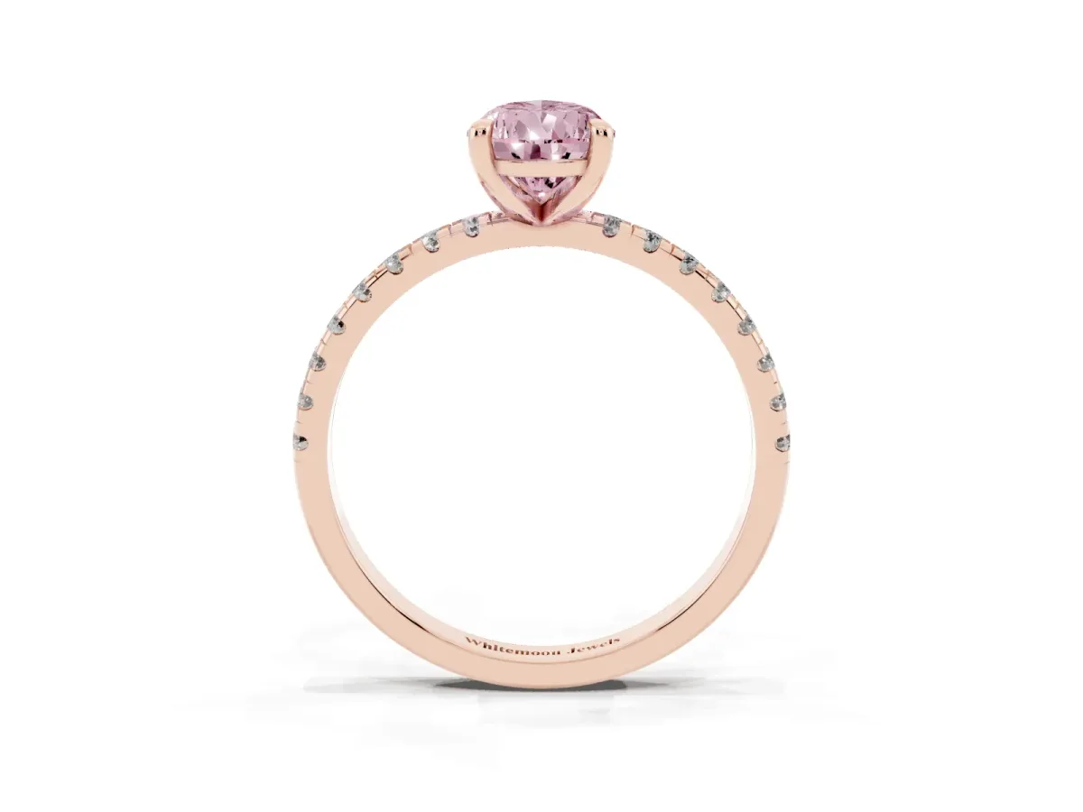 Fancy Pink Pear Cut Diamond Brilliant Solitaire Ring with Pavé Band and Four-Prong Setting Rose gold