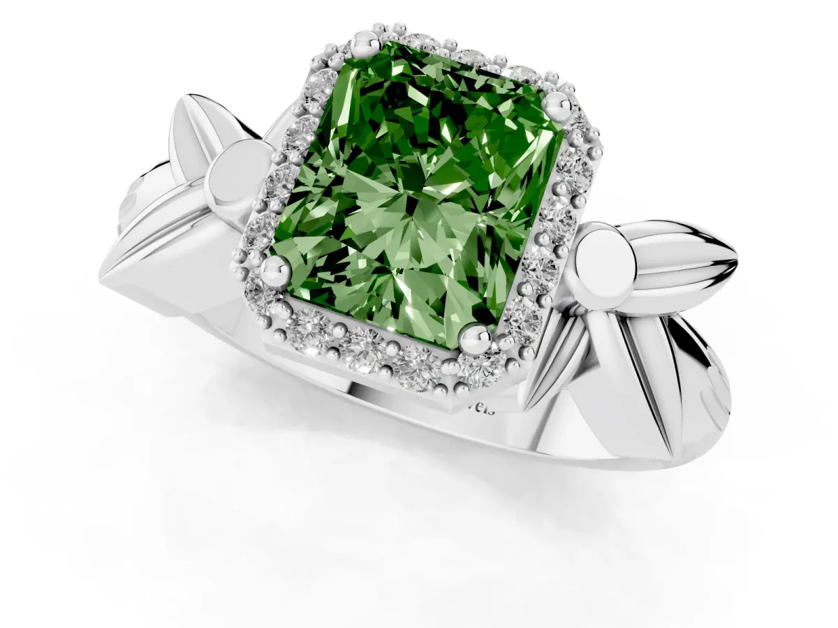 Fancy Green Radiant Cut Halo Diamond Floral Band with Four-Prong Setting Silver