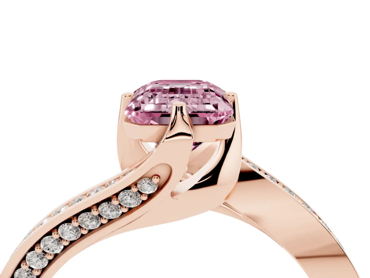 Fancy Pink Emerald Cut Solitaire Diamond Twist Band with Pavé Setting and Four-Prong Setting Rose gold