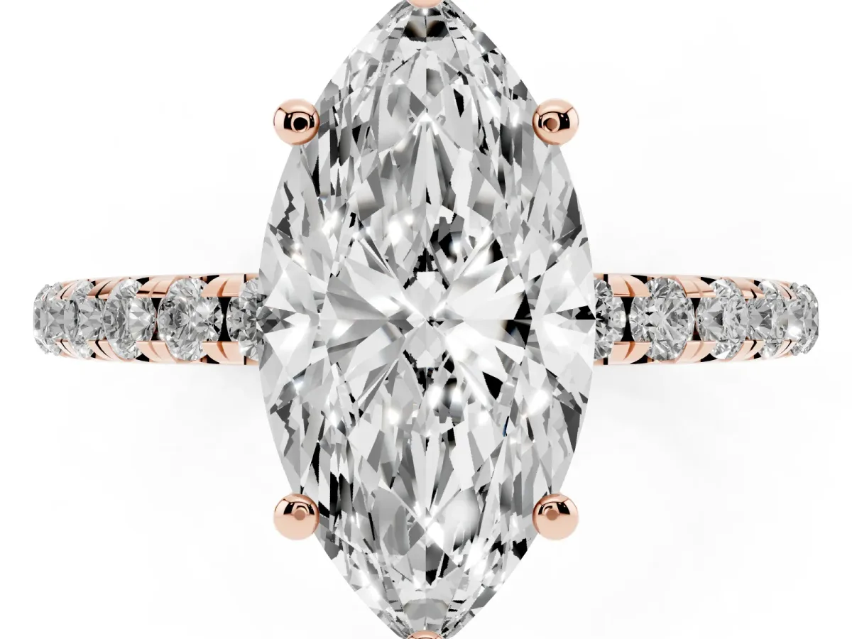 Marquise Cut Cut Diamond Solitaire Ring with Micro Pave Band and Four Prong Setting Rose gold