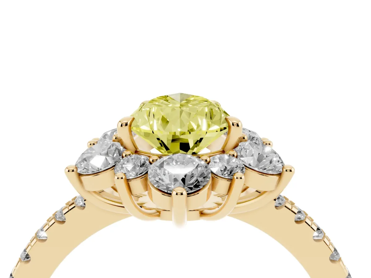 Fancy Yellow Pear Cut Diamond Floral Halo Ring with Round Pavé Band and Prong Setting Yellow gold