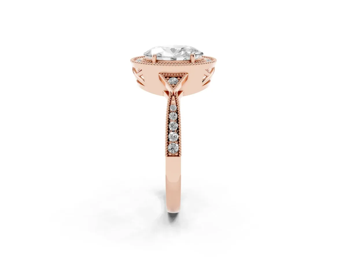 Oval Cut Halo Round Diamond Milgrain Pave Engagement Ring Rose gold